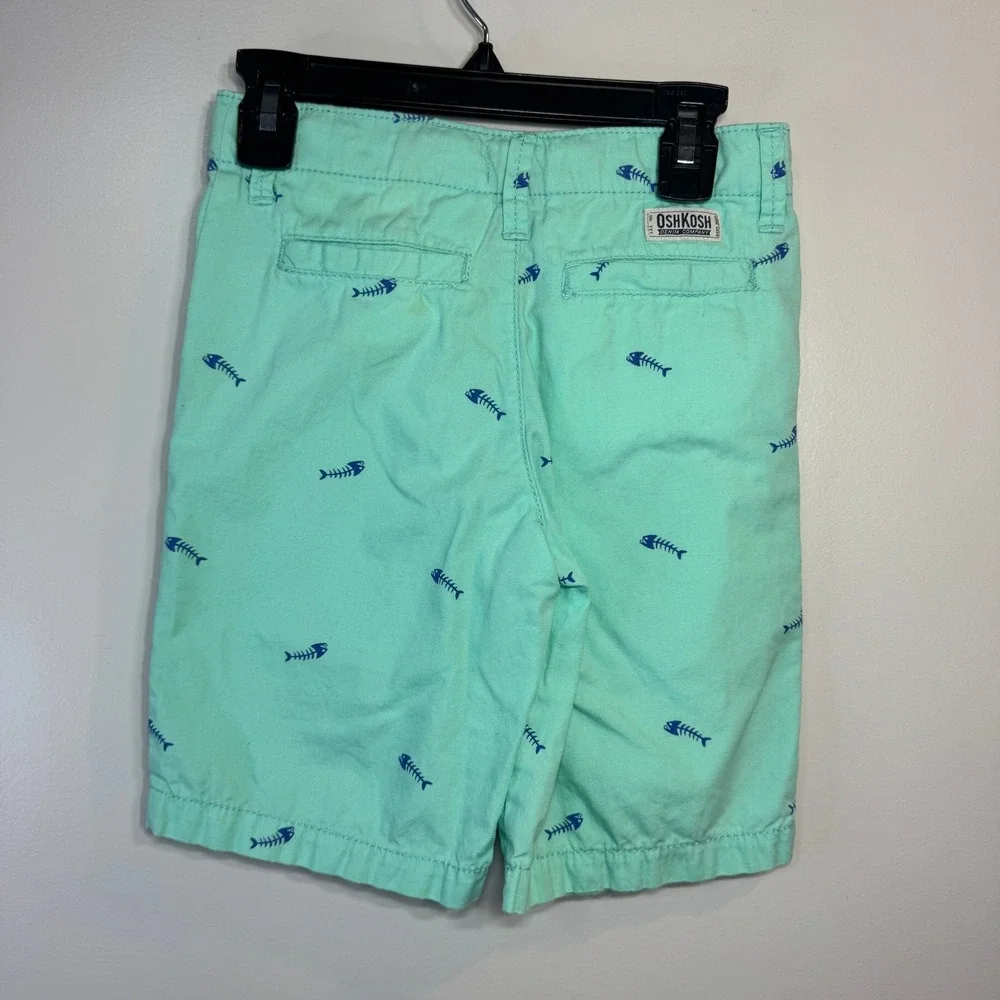 OshKosh Fish Skeleton Print Chino Shorts Boys 7‎ Mint Nautical Summer Preppy